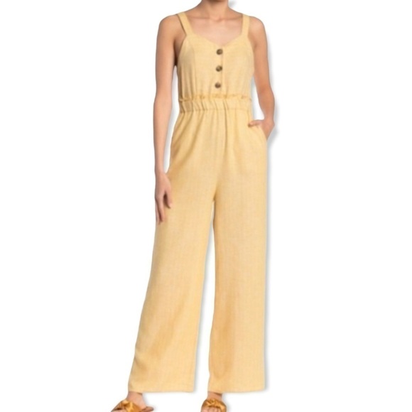 Romeo & Juliet Couture Pants - Romeo & Juliet Couture Yellow Linen Blend Jumpsuit Large
